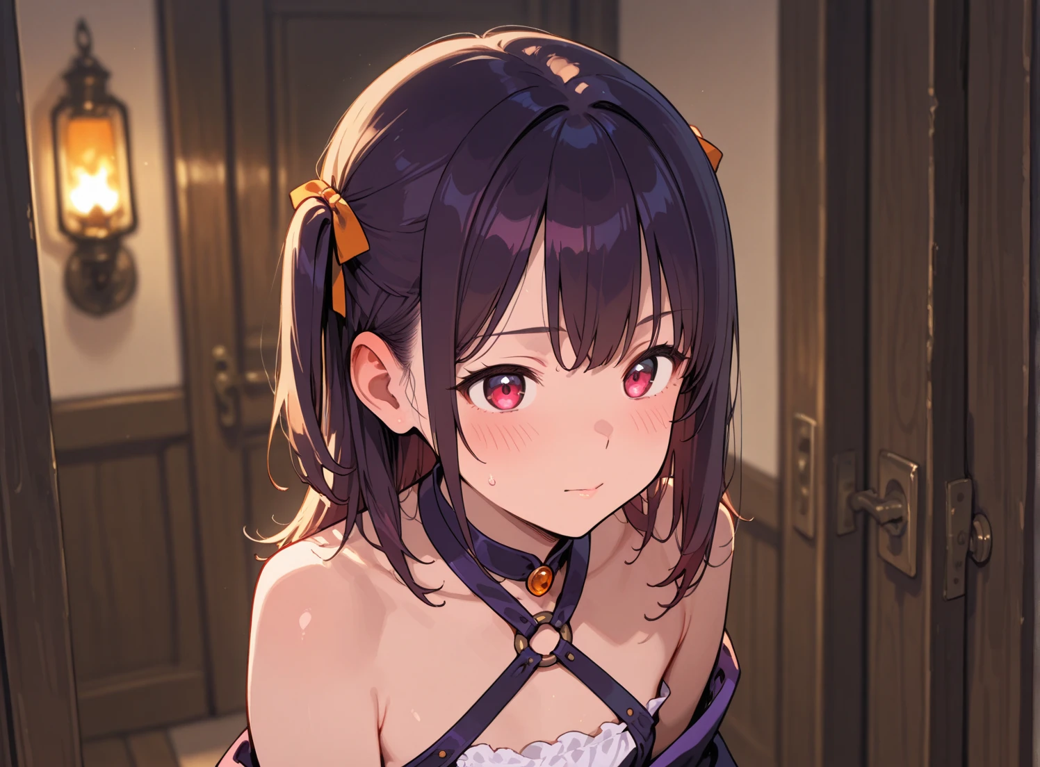 pokemonmay, pokemonmay, blue eyes, brown hair, bandana, long hair,bandana, twintails, hair between eyes, (small breasts:1.2),red lingerie,transparent lingerie,stocking suspenders,cleavege,neckline,black choker, BREAK looking at viewer, BREAK ,room,candles, night, silk bed, BREAK (masterpiece:1.2), best quality, high resolution, unity 8k wallpaper, (illustration:0.8), (beautiful detailed eyes:1.6), extremely detailed face, perfect lighting, extremely detailed CG, (perfect hands, perfect anatomy),from below,bend over,bathrobe,on knees,from behind