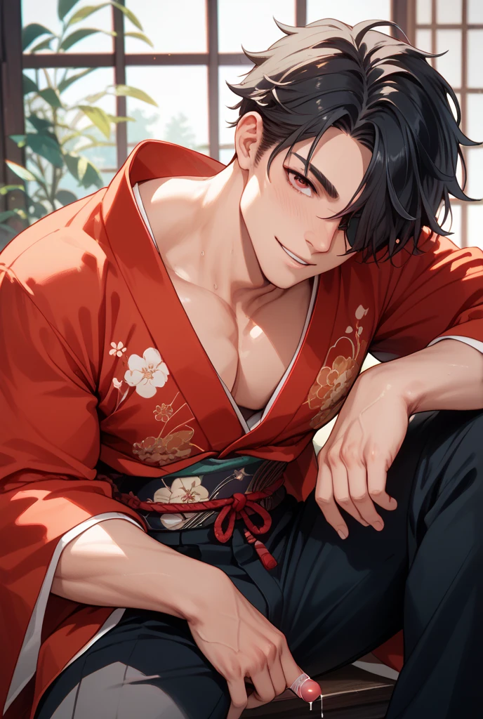 absurdres, highres, ultra detailed, HDR, master piece, best quality, perfect face, Hua Cheng, black long hair, expressive red eyes, black eye patch, heaven official's blessing, solo, sexy man, handsome, toned chest, horny, sensual, erotic, red coat, black boxers, sitting on a couch, flowers, petals, room