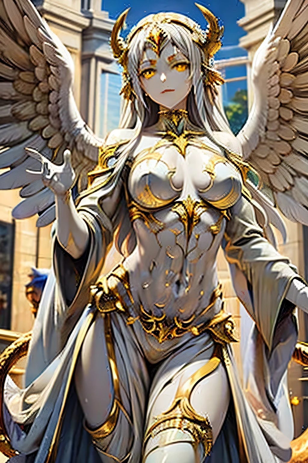  A white stone statue made of marble of a seductive demoness made in marble and stone, with golden yellow eyes and golden horns, and with reptilian wings.