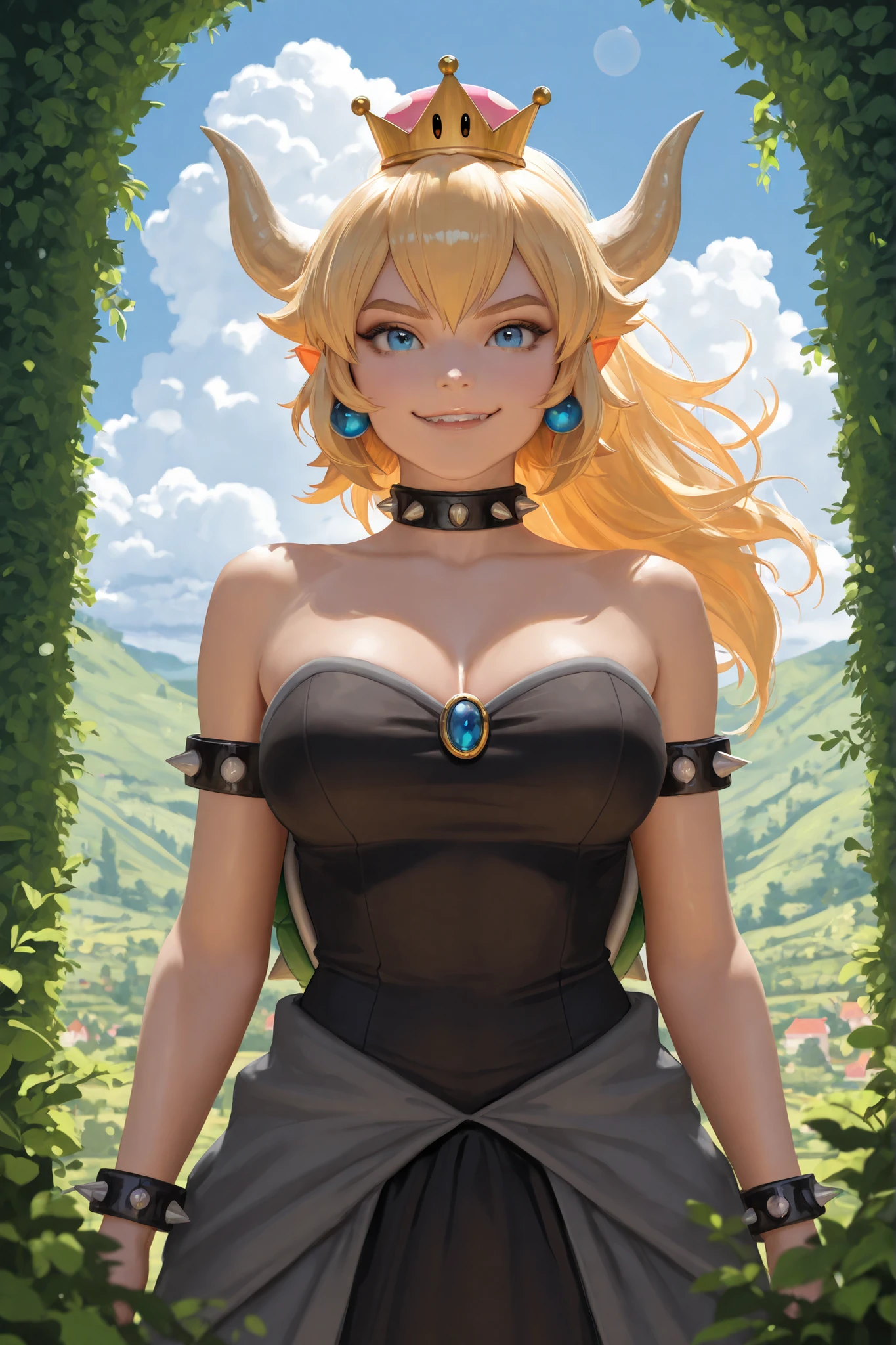 1girl, (solo:1.2), (looking at viewer:1.5), (upper body:1.5), (walking:1.2), (cowboy shot:1.5), (masterpiece:1.3), (best quality:1.3), (perfect anatomy:1.4), highly detailed, (secluded river scenery:1.2), (sunlight through trees:1.3), daylight,natural rock formations, nature,, <lora:Mario - Bowsette [Numeratic - v1.0]:1> bowsette, horns, white horns, blonde hair, long hair, spiked choker, spiked collar, cleavage, black dress, bare shoulders, earrings, large breasts, long dress, <lora:Hews [MockAi - v1.0]:1> hews, (sketchy artstyle:1.3), (muted colors:1.2), simplified shading, (saturated hues:1.2)