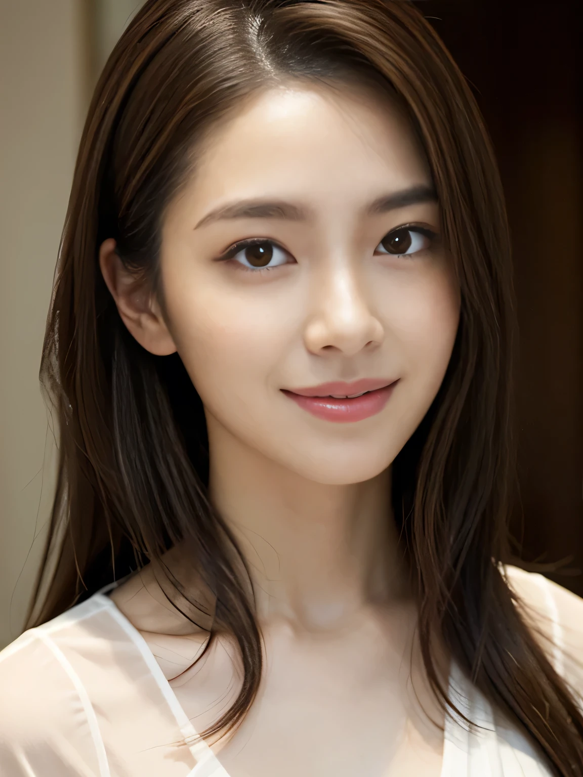 (RAW Photos), (Photorealistic), (masterpiece), (highest quality), High resolution, 8k, (Intricate details), (Volumetric light), Portraiture, woman, Age 35, Medium Hair, Straight hair, Medium chest, Layered Hair, Brown Hair, Very beautiful eyes, Source order, Very thin eyebrows, Very fine skin, Very nice mouthfeel, Very nice nose, Cute like an idol, Smile, (Thick lips), (Looking at the audience), (Elegant blouse), West Shot,
