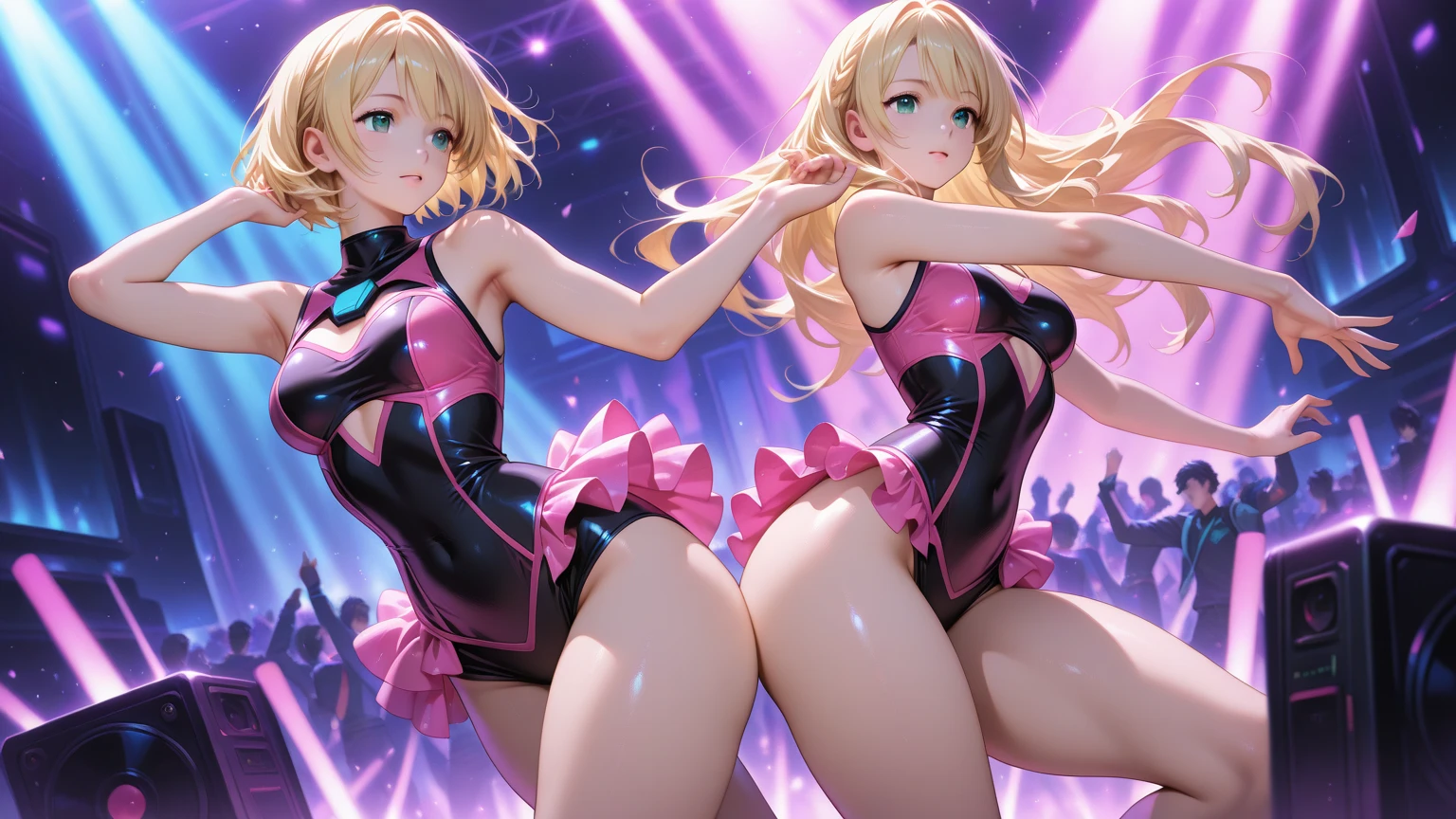 Accurate human body、Detailed people、Correct five-finger、4K - ultra-vivid、highest quality, masterpiece, Ultra-high resolution, Detailed Background、The perfect background、 (((Cool and cute face、Oily skin,Sparkling Skin、Shiny skin、Glowing Skin、Shiny skin)))、 ((Gals dancing at the nightclub、lots of earrings、Sequined Bodycon Dress、Blonde、Short Hair、Layer color hair、Pure white skin、Slender body、Thin thighs、細くLong legs))、Eight-headed beauty、Big Breasts、smile、nightclub、(((Big Breasts)))、Long legs、Beautiful feet、garter belt & fishnet stocking, Detailed and accurate clothing、
