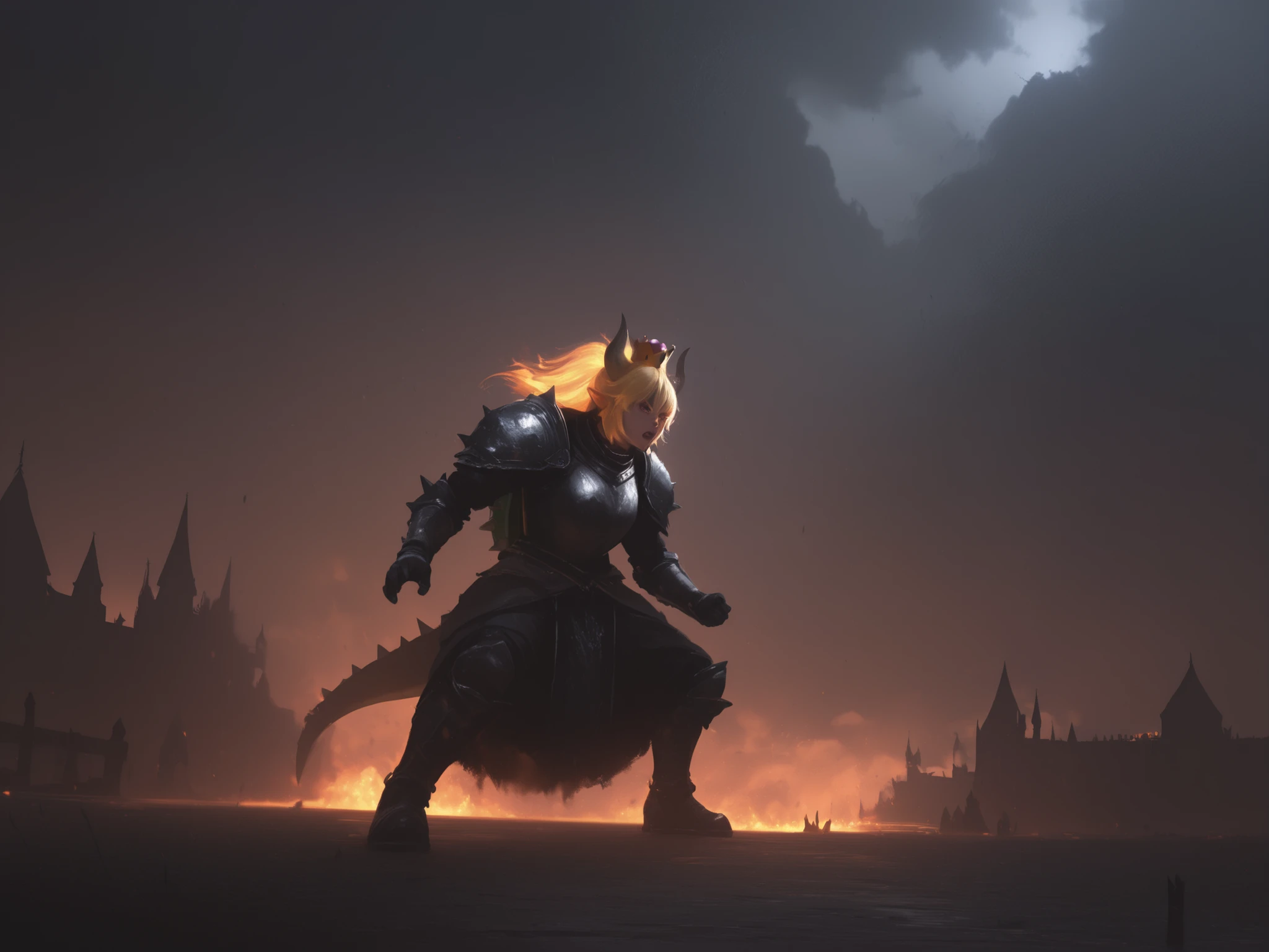 bowsette super mario bros, dark Souls stylebowsette, female humanoid creature, nintendo character, super mario bros, dark souls style, fantasy, medieval, armor, crown, long hair, monstrous features, powerful, fierce expression, detailed facial features, full body, dynamic pose, action, 4K, ultra-detailed, photorealistic, dark atmosphere, moody lighting, dramatic shadows, medieval castle, gothic architecture, fantasy landscape, dark clouds, dramatic lighting,ray tracing,unreal engine,8K