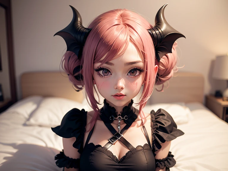 seductive lady wearing pink dress, devil horns, pink color scheme, long black hair, blue eyes, cute, kawaii, smile