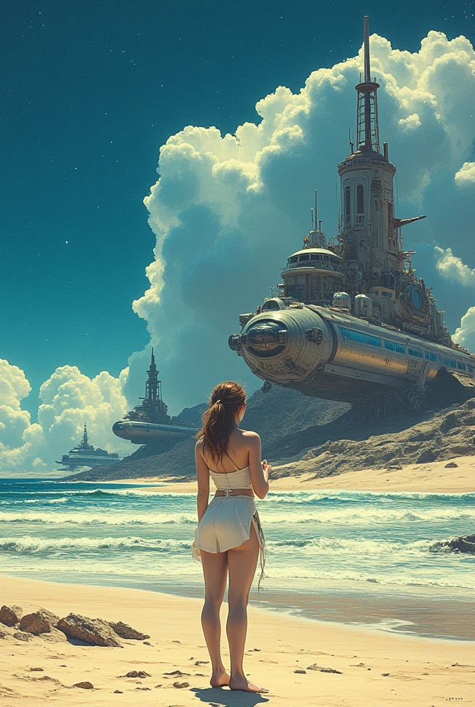 Ultra realistic 16K CG, masterpiece, Best Composition, Photo quality, work of art, Against the backdrop of an imperial star cruiser taking off, Detailed Imperial Star Super Dreadnought , side view, high detail, Lots of elements, flying transports, flying cargo ships, cranes, Manipulators. Sun rays, on the sides there are many detailed artillery batteries, The Distant Future, naked girl stands on the shore, naked slave, there are cyborgs and spider robots around her, Girl on a chain