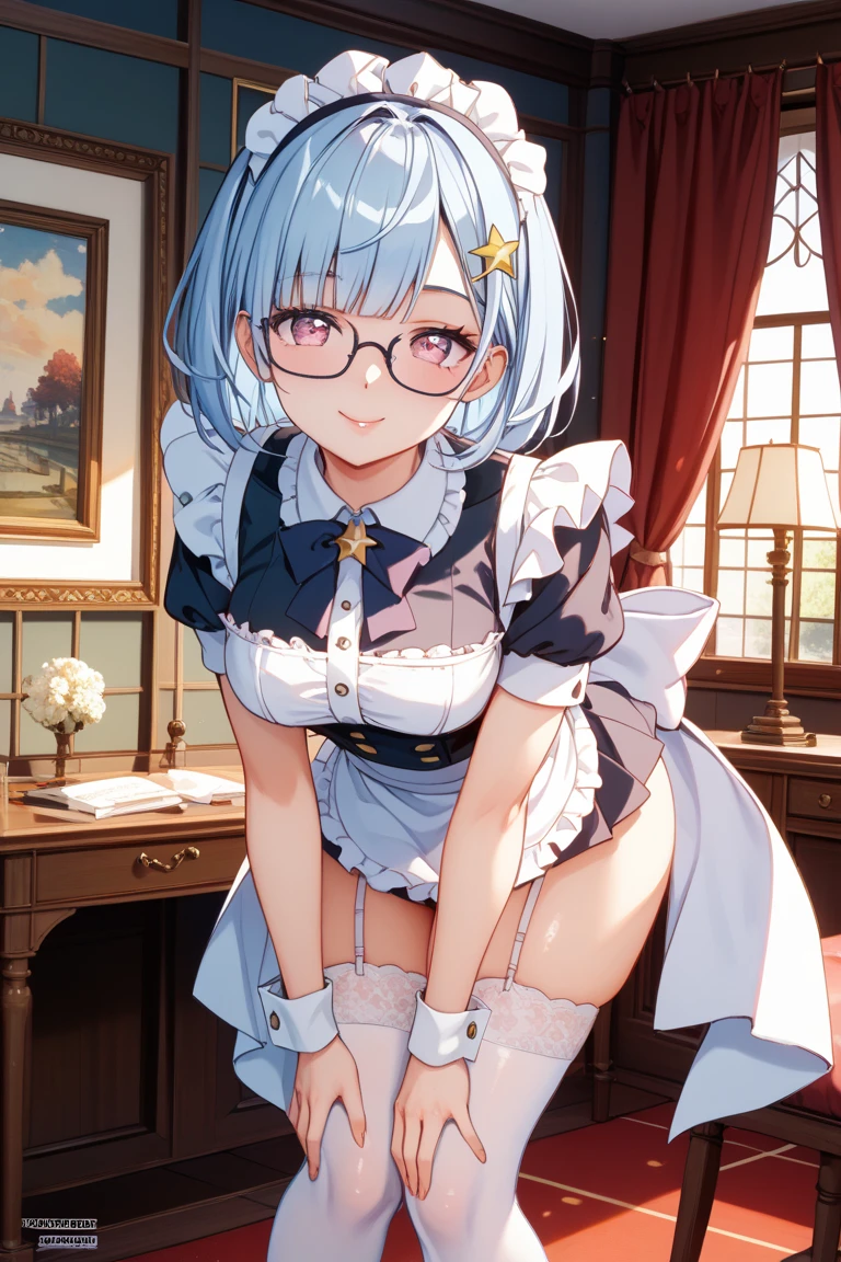 8K、masterpiece、Japanese、Woman wearing glasses、Neon（nod)、from the front、smile、Childish、Small breasts、See-through underwear、night、Bedroom、Show your underwear、mini skirt
