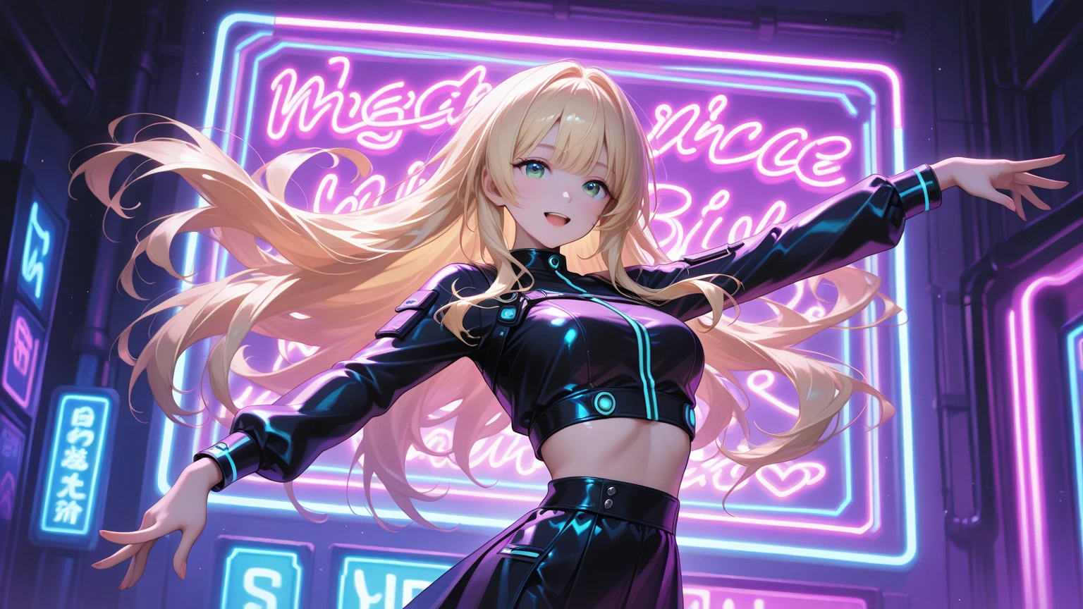 masterpiece,best quality,1girl, face focus, blue eyes, close up, bodysuit, vibrant and neon colors, arms around hips, girl surrounded by colorful lights, pop stage setting, energetic and lively atmosphere, stage lights and spotlights illuminating the scene, dynamic poses, microphone in hand, singing passionately, a crowd of cheering fans in the background, music notes and soundwaves floating in the air