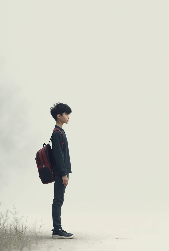 masterpiece, best quality, 1boy, male focus, handsome, residential area, fence, spindle trees, afternoon sun, the way home from school, school uniform, backpack, flock of birds, from directly side, depth of field