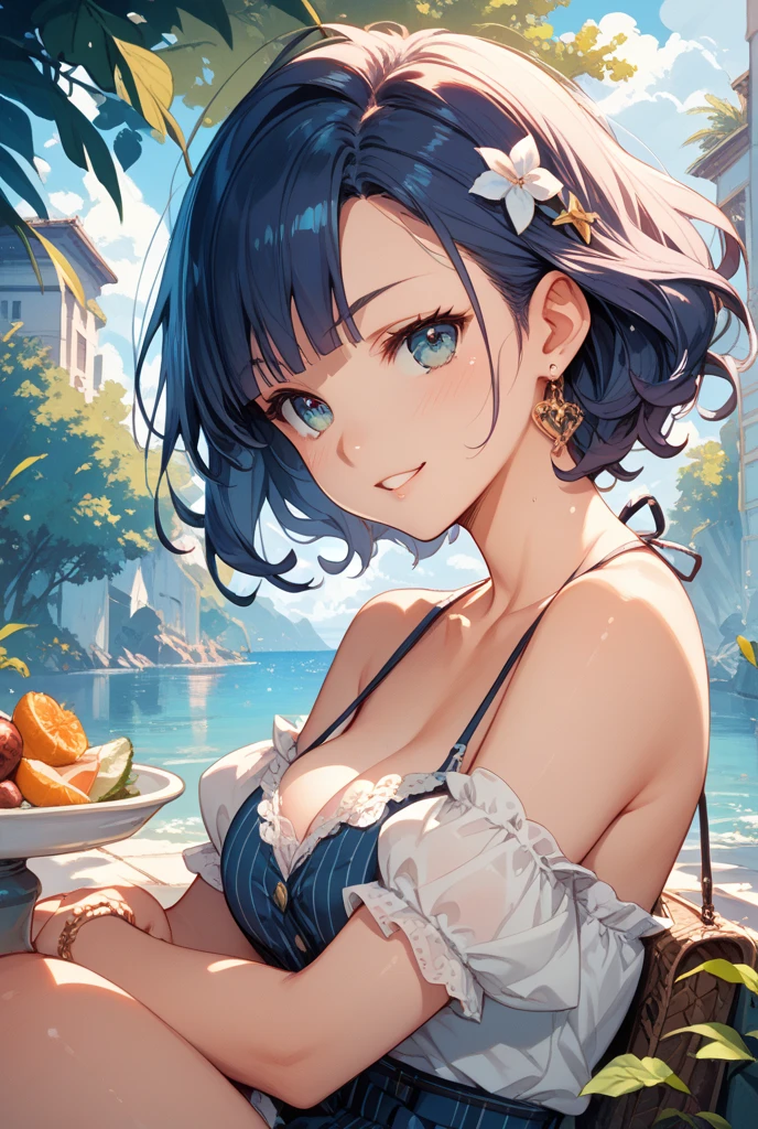 (best quality, masterpiece),waitress is busy working at the restaurant,A restaurant right by the sea,Waitress in summer clothes, BREAK (girl,,detailed face,(darkblue hair,wavy-short hair),middle thick eyebrows,,middle small breasts),
