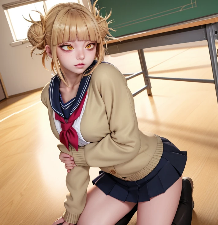 1girl,himiko toga,blonde hair,yellow eyes,bored expression, crouched,facing viewer,looking at viewer,good hand,good finger,masterpiece,extremely detailed CG unity 8k wallpaper, best quality,32k,focus sharp,