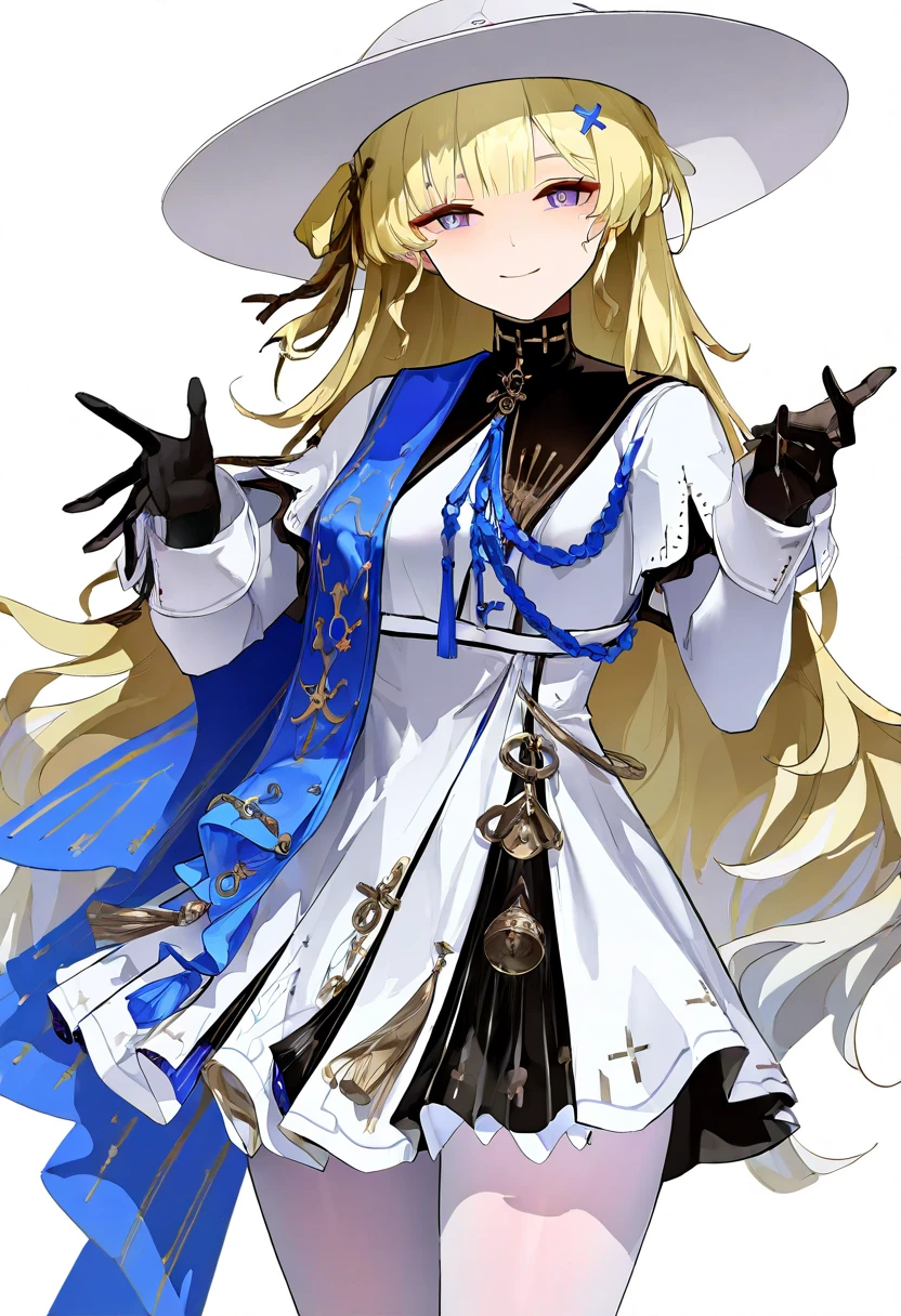 (artist:mika pikazo)[artist:ciloranko],artist:kazutake hazano,[artist:kedama milk],
1girl,phoebe \(wuthering waves\),solo,gloves,black gloves,white background,looking at viewer,smile,upper body,simple background,long sleeves,white pupils,ribbon,bright pupils,jewelry,parted lips,white headwear, 
very awa,masterpiece,best quality,year 2024,newest,highres,absurdres,
<lora:phoebe_NoobVpred06:1>,