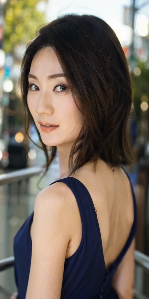 ((Highest quality, 8K, Portraits: 1.3)), (Viewer Display), Photographic realism, Sharp focus, alone, Japanese women, beauty products,Semi-long hair,Photograph the upper body、 Accentuate your breasts, Big Breasts,30 years old, (Light blue formal dress、No sleeve、V-neck)