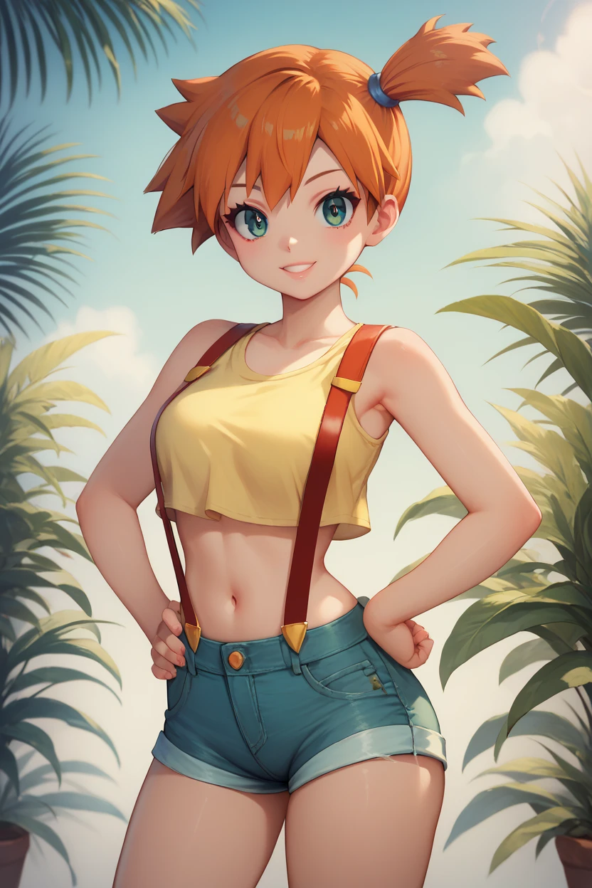 score_9, score_8_up, score_7_up, 1girl, misty \(pokemon\), side ponytail, aqua eyes ,RATING EXPLICIT, wide hips, thick thighs, tight waist, skimpy, cleage, underboob, nipple slip, denim cutoffs, , yellow crop top , exposed midriff, red suspenders, medium breasts, 