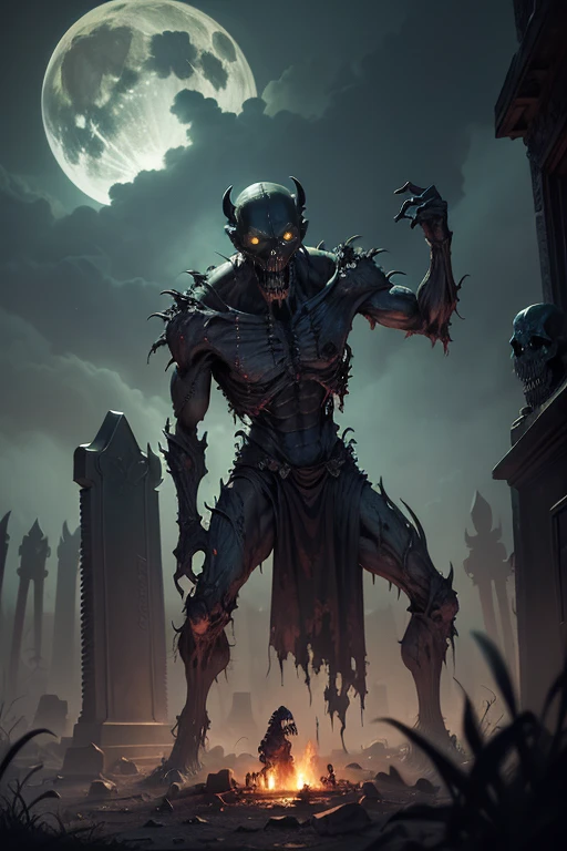 a horrorful monster inside a graveyard in the style of D14bl0