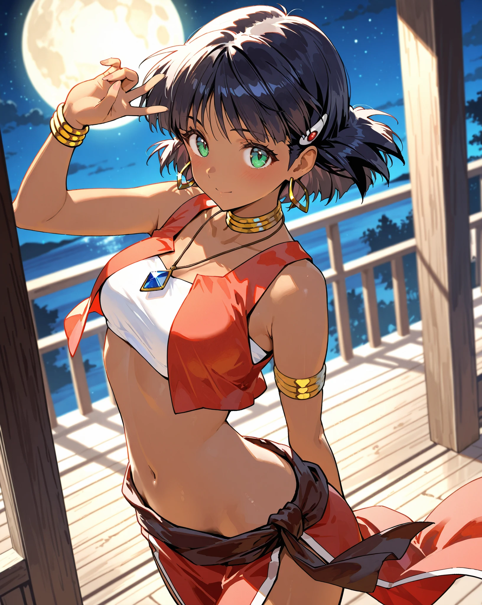 (masterpiece, best quality, highres, absurdres, ultra-detailed:1.2), ((1girl, solo, nadia la arwall, green eyes, dark skin, short hair, navel, bandeau, vest, bracelets, earrings, hair ornament, loincloth, bare shoulders, necklace, neck ornament)), (sunbathing: 1.6), <lora:Nadia:0.6>, <lora:add_detail_v1:0.9>