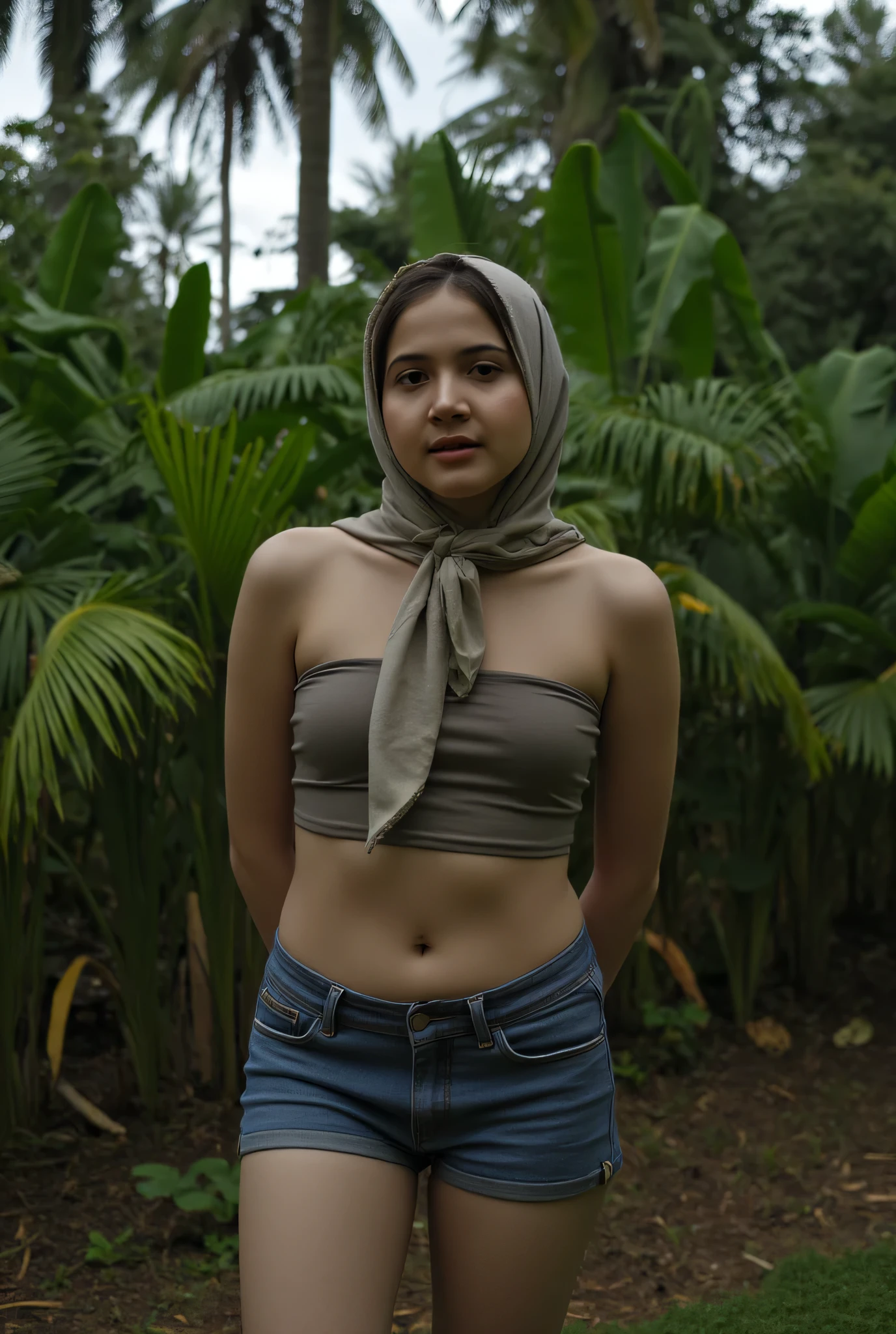 Pohon kelapa sawit, Disappointed facial expression, Front posing, Wearing Scarf neck tie, Front posing, (((MOODY FACE EXPRESSION))), "Wearing Hijab perfectly", wearing strapless top and too much very short denim micro-shorts with a very short denim micro-shorts , (KEDUA BELAH TANGAN DILETAK LETAKKAN DIBELAKANG PUNGGUNG NOT VISIBLE FINGER) PLEASE DON'T PUT ANYTHING ROPE!!!, FAT SSBBW, (REALLY ORGASM FACE EXPRESSIONS) 1 Futanari, 'FOAT CHEST', Half body portrait, (face details: 1), (Eye details: 1). ultra high res. realistic: 1.4, UHD, background hutan belantara