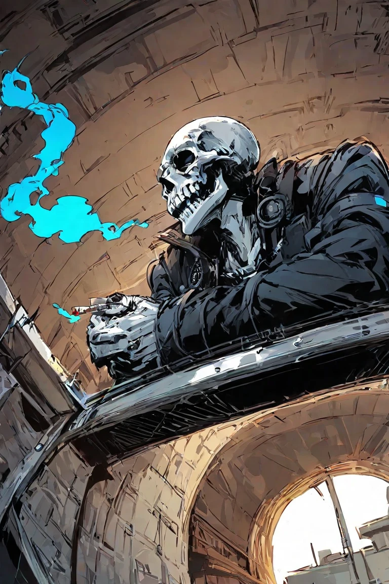 skeleton, steampunk, modified electric guitar, punk, futuristic glasses, aesthethic, post-apocalyptic 