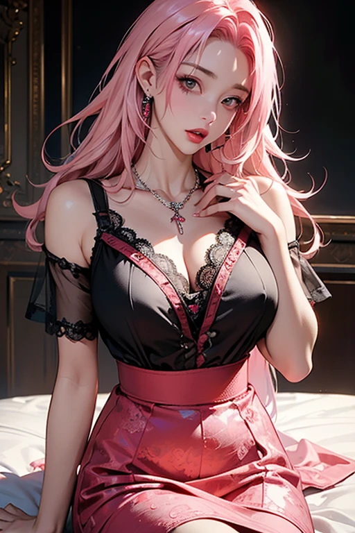 Red eyes, (highest quality, masterpiece painting:1.3), Immature woman, 16 years old, (Half Body Shot), masterpiece, Ultra-high resolution, (Photorealistic:1.0), Light pink hair,Straight hair, Beautiful and shiny hair, White and glowing skin, ((Ultra-Realistic Details)), Octane Rendering, Highly detailed face, (Big Breasts:0.8), ((Heart with both hands:1.2)), She wears a stunning outfit inspired by the Belle Epoque style, A flowing black dress decorated with lace and ribbons, (clothing: Black Belle Epoque dress with lace and ribbons),Cleavage, Perfect body, Soft Skin, Anime Face, Perfect Face, Perfect Eyes, Looking at the audience, Smart, Autumn leaves under the tree background, Autumn leaves falling, Outdoor,shrine, Sharp focus, Intricate details, Professional artwork, (Bright colors:1.1), Bright colors, diffused Lighting, Digital Blending, Ultra high definition body, Ultra detailed hair, Highly detailed face, that'that'Trending on pixiv, Open the top button, Cute gaze, Compensate, Perfect Lips, perfect Compensate, Ultra-precision coating, (Light_smile:0.8), (Very embarrassed:1.2), Blushing your nose,