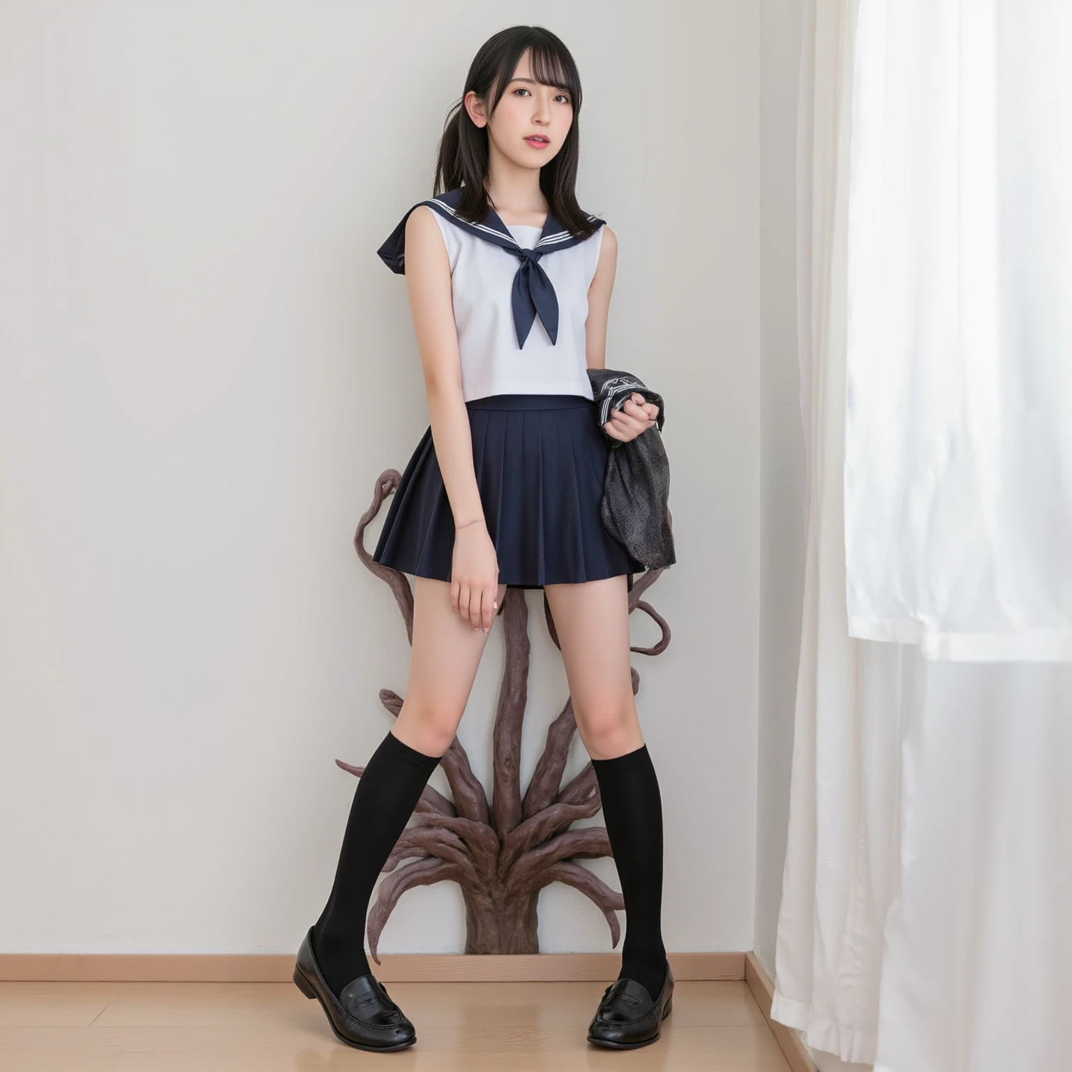 8K Ultra HD、Digital single-lens reflex camera、High resolution、Shallow depth of field、Natural light、(((Sailor suit)))、(((Dark blue super mini skirt)))、(((Full Body Shot)))、Small person、(((Young Face)))、1 Japanese girl、16 years old; beautiful girl、(Black Hair)、(((Brown eyes)))、Glowing Skin、Smooth and fine hair、Long Hair、Detailed Background、Highly detailed eyes and face、Clear Eyes、Cute Smile、Calm atmosphere、(((Climbing the stairs)))、(((I have a bag)))、(((fine small breasts)))、(((Beautiful Eyes)))、Flat chest、The kids `S、(((Toned thighs)))、(((Pink Panties)))、(((Angle from below) ))、(((Detailed lips)))、(((The skirt is fluttering)))、Beautiful and radiant legs、((Browsing Caution))