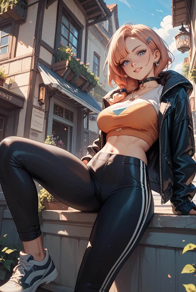 Girl wearing a zipper hoodie and hood、a smile、top-quality、masterpiece、beautiful a girl、huge tit、multicolored hair、Loose Socks、超A high resolution、Long、Excellent style、Perfect facial features、