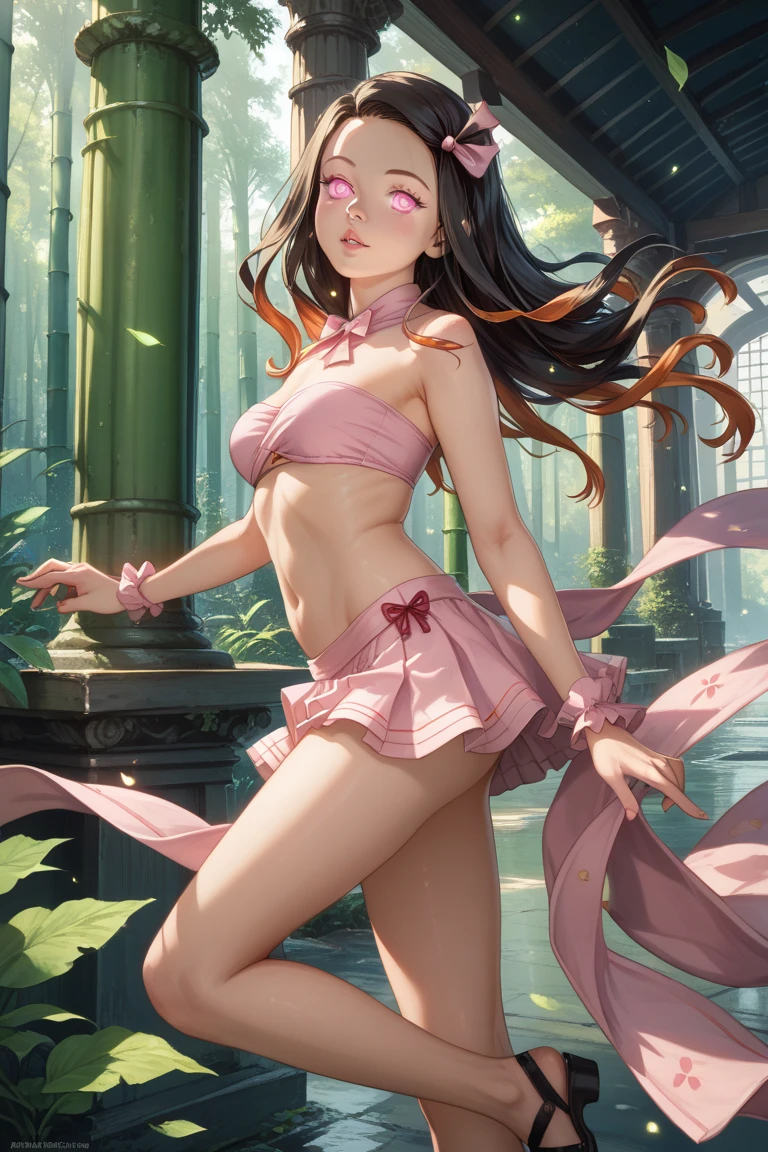 
young girl in pink lace panties and elegant pink lingerie, her panties are slightly transparent and we can see her vagina through the fabric of her panties, and the shape of her vagina, she is brunette with blue eyes, she is very fine , her fine chest, her chest is flat, she has bare breasts, she is topless, she has small breasts, she has pretty hips and bare shoulders, she poses confidently, her back well arched, and legs are spread