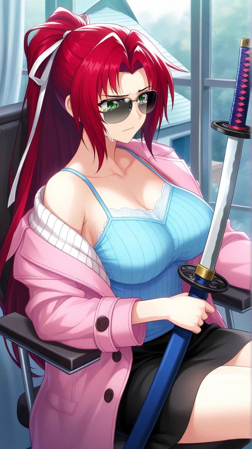 best quality, masterpiece, highres, solo, {vipere_birdiewinggolfgirlsstory:1.15}, black_hair, jewelry, makeup, red_eyes, open_mouth, long_hair, lipstick, necklace, bangs, earrings, blunt_bangs, multicolored_hair, breasts, 1girl, car, car_interior, driving, ground_vehicle, motor_vehicle, seatbelt, nail_polish, scarf