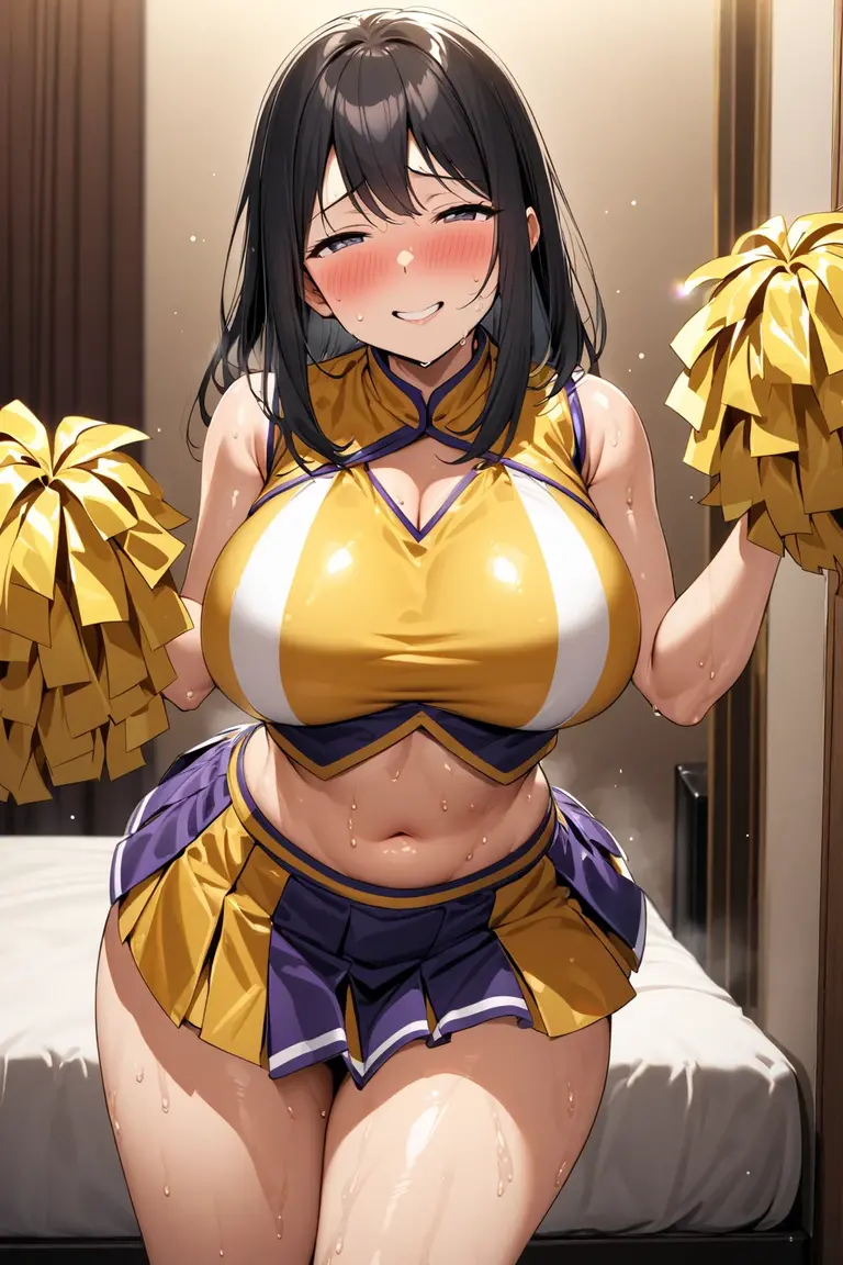 Highest quality,masterpiece,Ultra-high resolution, Very detailed, 8K,a 15 years old beautiful Japanese woman:1.5, Small face, Black Hair, blunt bangs, Breast Augmentation Surgery, (Gorgeous cheerleader costume:1.5), classroom、 Detailed very smelly armpits、 Sit down and open your legs