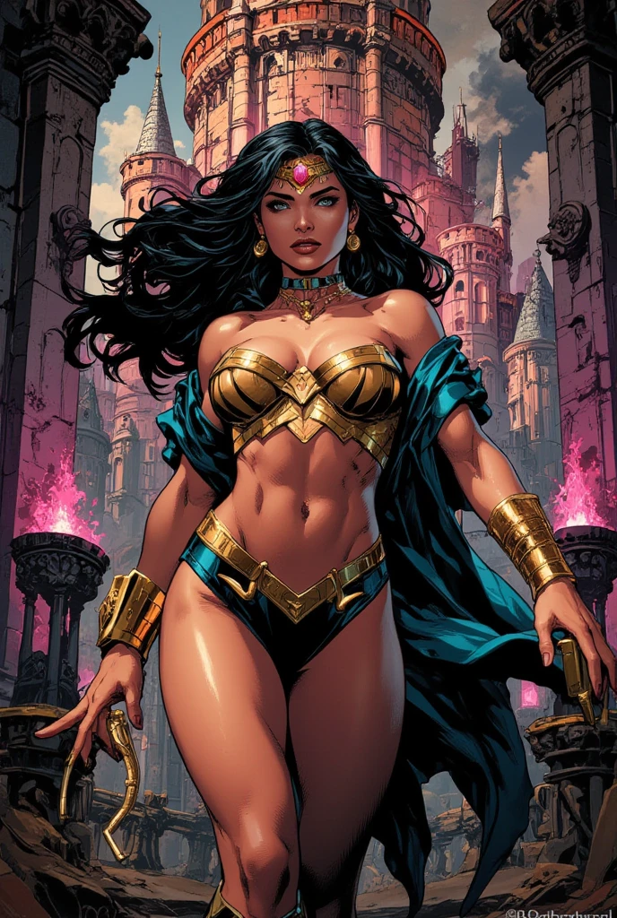 Beautiful woman Tall dark hair, demon queen, intimidating look, slight smile, black dress, wide bust, long open neckline, elegant, high, Long hair, sexy, High Definition, realistic