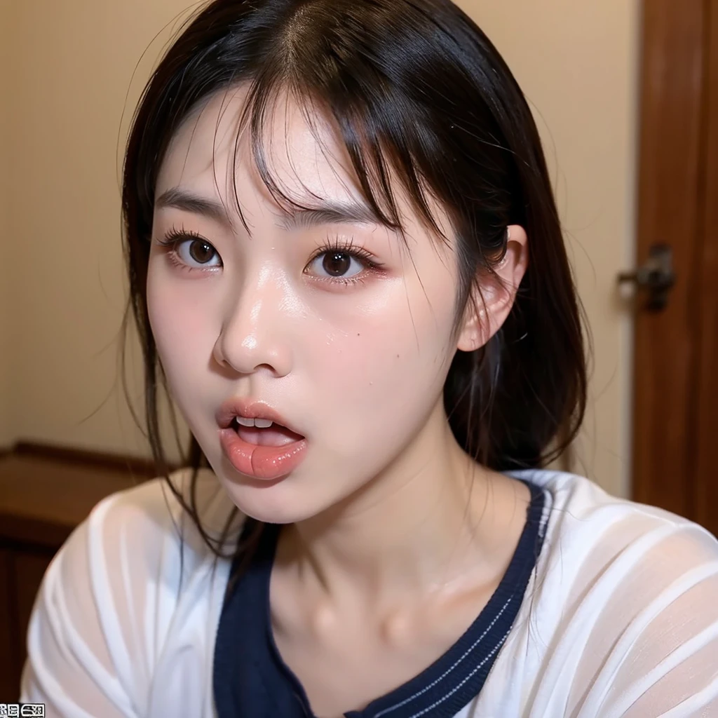 (Realistic:1.3、Ultra HD、Ultra-high resolution、8K、Female Japanese Housewife、寝室でBlowjobチオをするMature Woman:1.5、At the bed)、((Look Viewer:1.8))、(Extremely realistic skin texture:1.4)、(Realistic:1.3)、short hair、((Embarrassed expression:1.5))、(blonde:1.5)、48-year-old woman、Mature Woman、Ponytail Hairstyles、(Brown eyes:1.3)、(Face close-up:1.38)、(Sweaty:1.2)、(Nipplesを見せる)、((衣服から突き出たNipples,))、dress、美しいNipples、Nipples、(Shooting from the side:1.1)、Drooling、((Blowjobチオ:1.6、Blowjob、Cum in mouth、Bukkake))