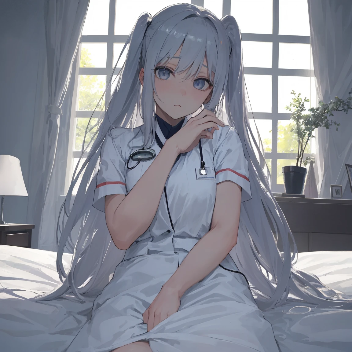 Infirmary, curtains, 1girl, nurse, white dress, masterpiece, best quality, very detailed, black stockings, sitting on a hospital bed, legs
