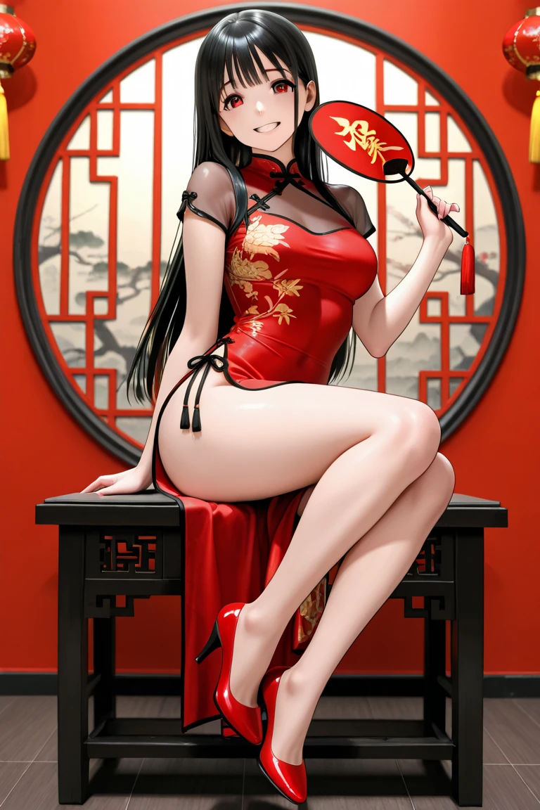 Beautiful Chinese girl,bshoulder,Elaborate Eyes,in a red dress,asian architecture interior,Chaise sofa,Pink curtaintravagant furnishings,palaces,Summer palace,carpets,delicated face, Nice face,