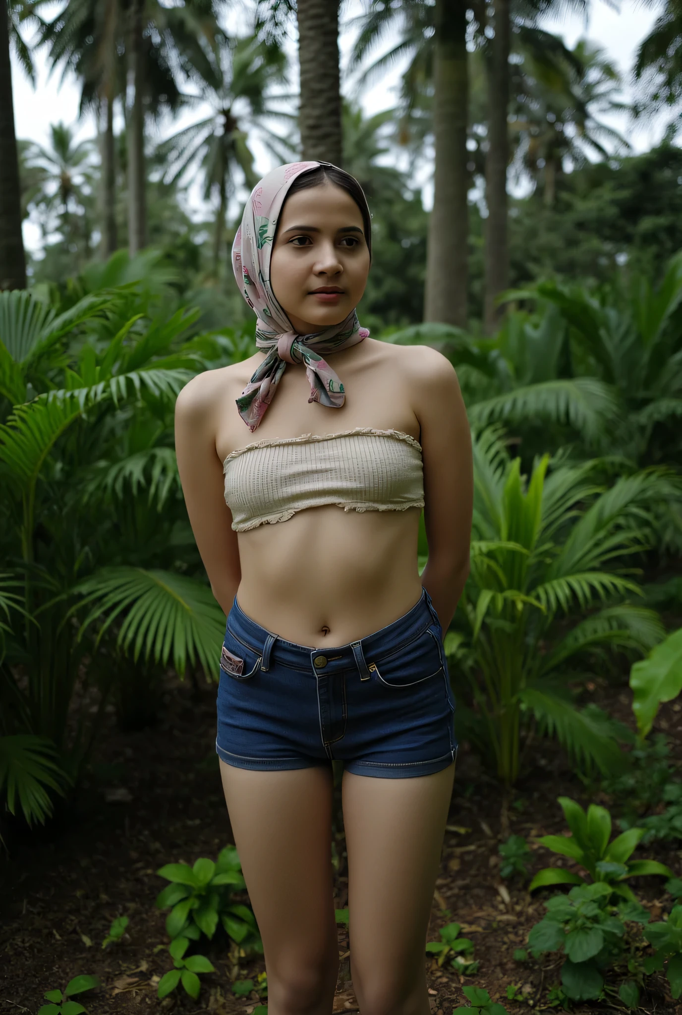 Half body potrait, ((Flat Chest:1.4)), (strapless Colourful bra, (floral pattern), ((Happy Smile)), Naked singlet (((HIJAB MALAY GIRL))), masutepiece, High quality, UHD 32K, Realistic face, Realistic skin feeling , A Japanese Lady, 8 years old, , Very cute and baby-like face, (((FLAT CHEST))), (MATRIX WORLD), ((look In front at the camera and SADNESS)), ((())), (((CUTE GIRL))), ((BLACK LIPS)), ((CHUBBY)), (undress, at river, (view from behind up),