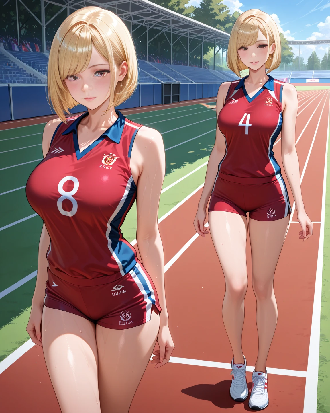 Anime girl wearing leotard in gymnasium, two beautiful anime girls, ecchi anime style, latex leotard, gymnasium, gymnasium, anime girl, swimsuit, lighted gymnasium, gymnasium, wearing leotard, high quality anime art style, high resolution committee, digital anime art!, Clothing: Leotard, big, blonde and vermillion --auto
