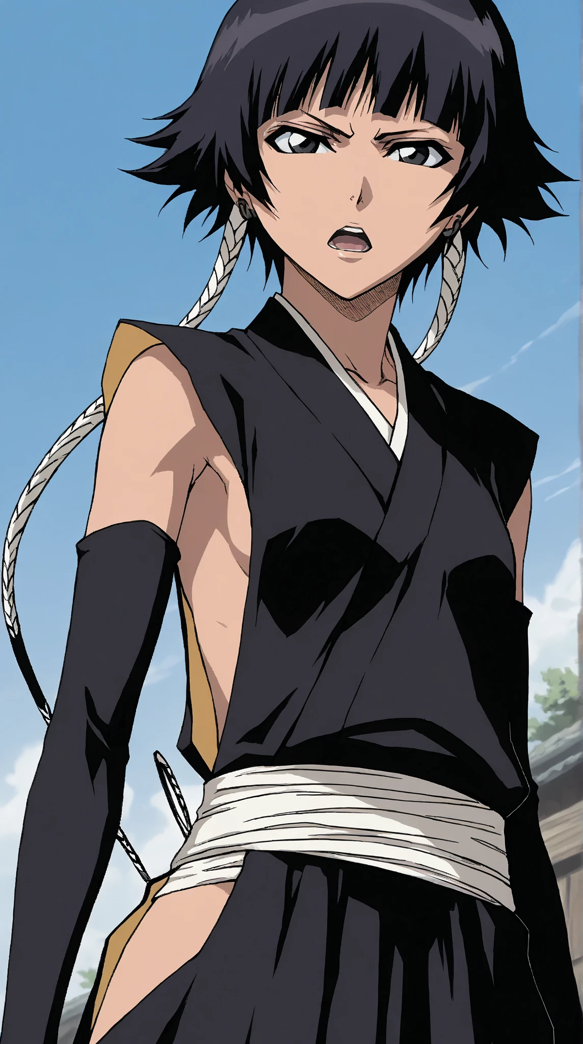 score_9, score_8, score_7, sui-feng, sleeveless, black kimono, detached sleeves, hip vent <lora:Soi_Fon:1>, looking back, from behind