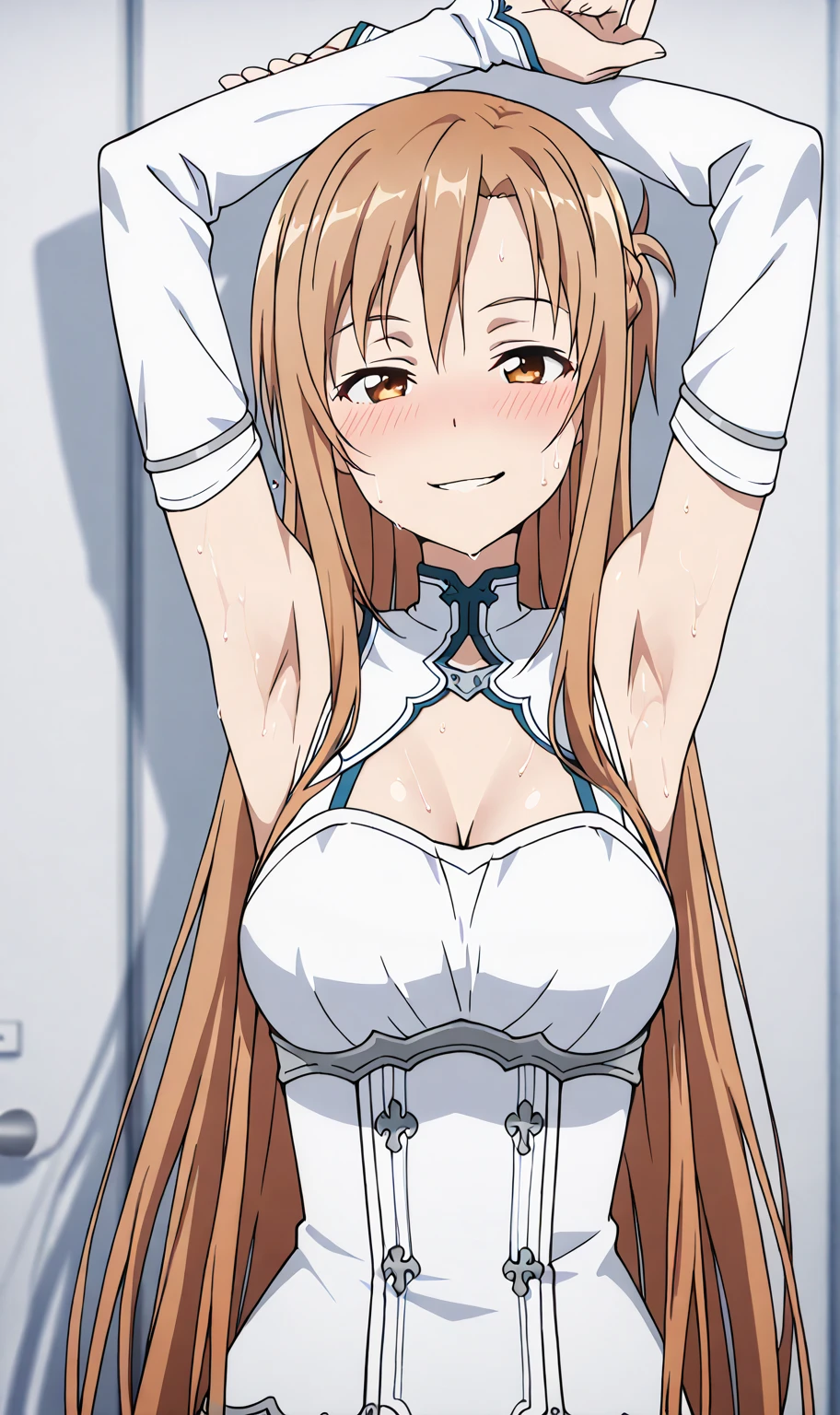 score_9, score_8_up, score_7_up, source_anime,masterpiece,best quality,highres,absurdres,official art,official style,source_anime,anime screencap,anime coloring,megami magazine,anime,animated,explicit,asuna yuuki, long hair, bangs, brown hair, brown eyes, very long hair, braid, ,medium breasts,((areola slip)), ((Areola)),((nipple)), long hair, looking at viewer, navel, o-ring, Standing, (White seethroughlingerie :1.3)