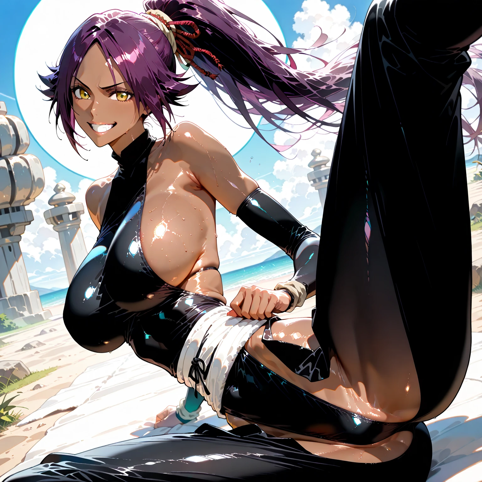 perfect body tight clothes shihouin yoruichi dark skin dark-skinned female ponytail leotard thighhighs scarf