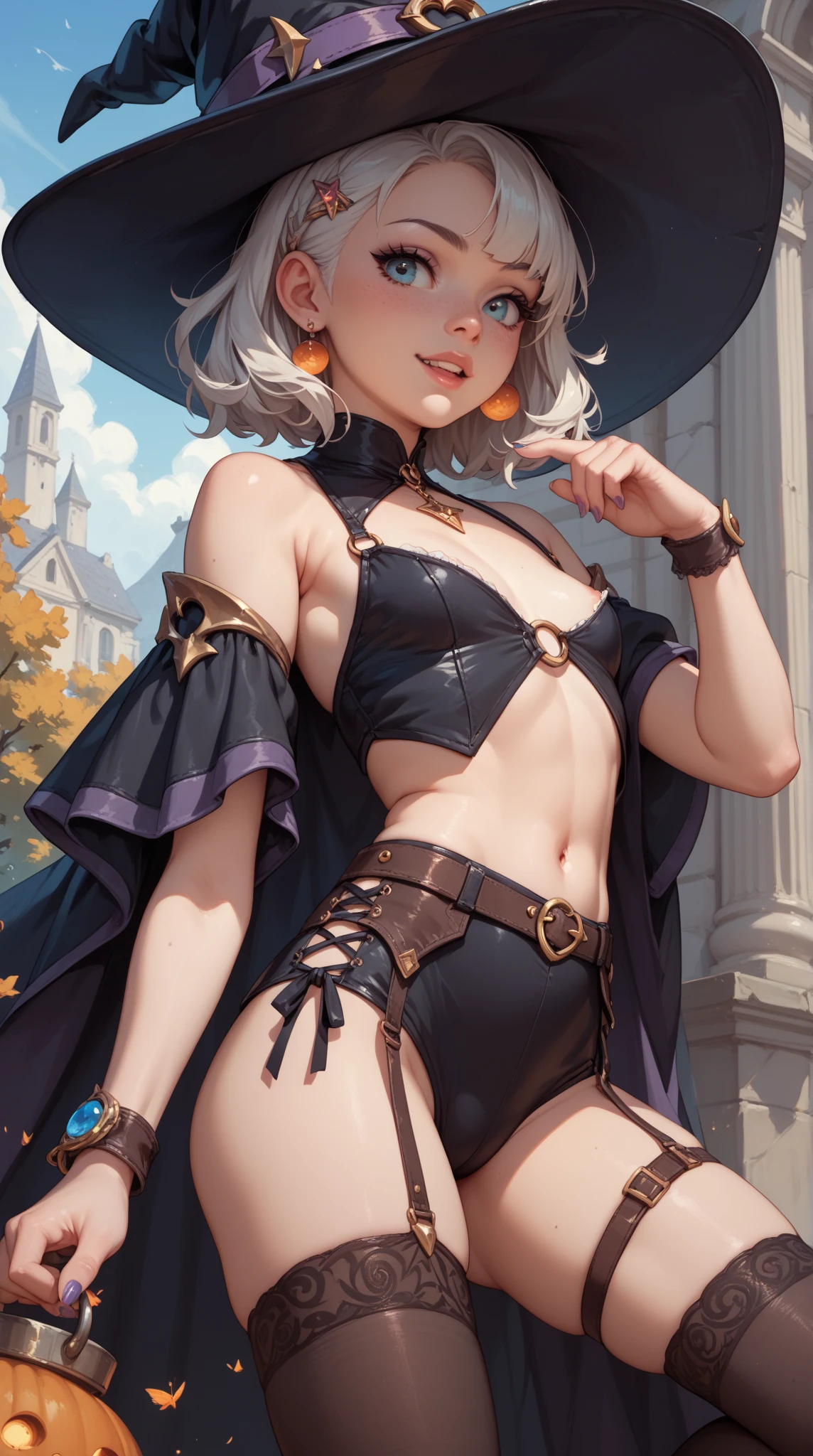 (Highest quality, masterpiece), Intricate details, Sexual, (((witch))), (Witch Hat), ((nude)), orgasm, Love juice, Small breasts, Pussy, 15yo, , White Hair, messy short hair, Wearing glasses, Plain girl, Very embarrassed face, blush, ((Whole body)), Blurred Background, Medieval bedroom,