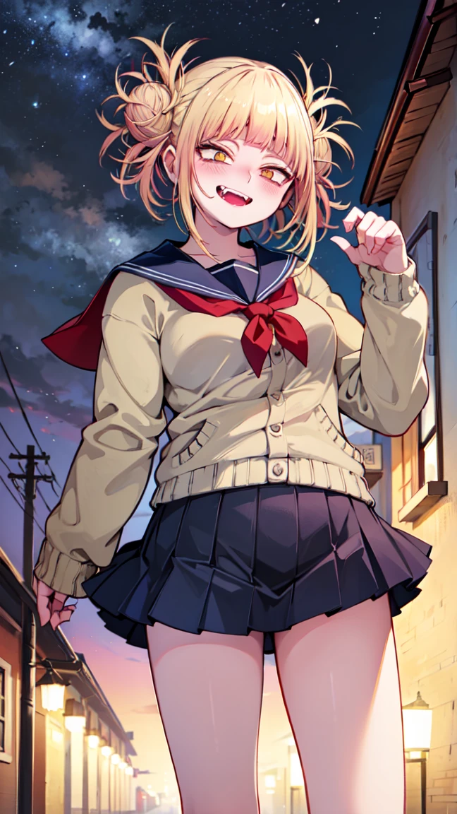 masterpiece,high quality,最high quality,4K,Very detailed,4K,focus on,One girl,himiko toga,(Side to back),From above,Blonde,Yellow Eyes,Glowing Eyes,(Psycho Smile),gesugao,View your viewers,(Dark Alley),night,darkness,(Semen splash)、Are standing,whole body,