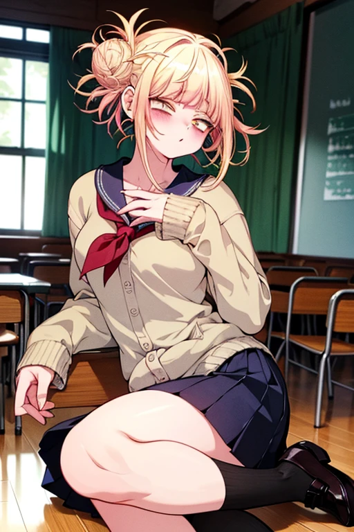 (Tabletop, Highest quality, Very detailed), One Girl, Purple eyes, Blonde, Dark Skin, short hair、Perm Hair、((Japanese School Uniform))、((pantyhose))、(in the train)、(pread your legs、Black panties
