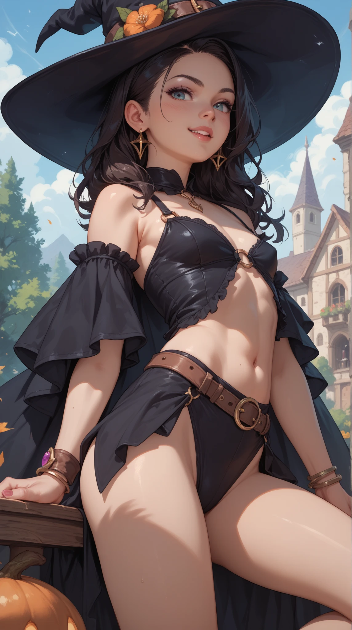 "There is a ((witch girl)) (witch hat) (( showing her vajina)), fantasy, with brown hair.(DARK hair). ((Bajina remarked)). (in a castle, in a room full of potions and magic concoction.) Note "even the smallest details of the image, especially the details of the eyes, Emphasizing realism. This official Unreal Art Wallpaper (8k)is a highly detailed, beautifully detailed, Aesthetic masterpiece of the highest quality. The use of dynamic angles shows the elegance and romanticism of the image. This character has large breasts, ((No panties))". Stockings, tight transparent silk, Super thin clothes, ((remarked vajina)) Tight transparent thin fabric, (( exposed)) visible navel, open legs, ((remarked bajina)) ((erotic lingerie thin transparent bikini)) ((no clothes)) (nude) ((blushing)) ((happy))