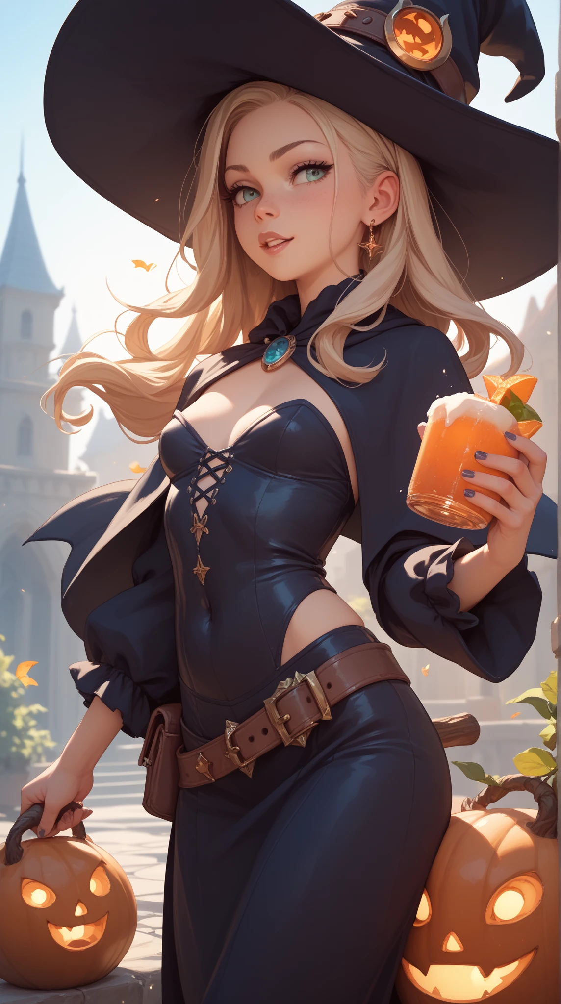 Beautiful young witch girl, The perfect female face of the goddess, large breasts, slender long legs, Girl in a transparent dress, Деталь 8k, photo realistic style, sharp-focus, Professional lighting, colorful details, The painting is built according to the rule of the golden ratio, Girl holding a large glass ball in her hand, Background - cherry blossoms, The girl is standing half-turned, full-arm-gloves