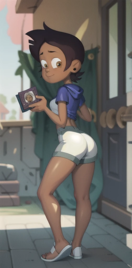 Brazilian Latina in yellow shirt lifting her blue skirt showing her big white cotton panties, anime art style, detailed wrinkles