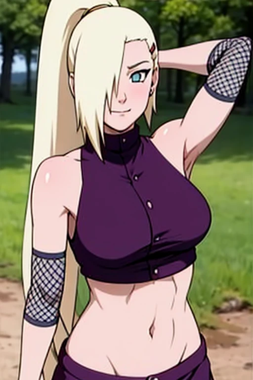 yamanaka ino, purple crop top, sleeveless, shaved armpits, long blonde hair, bangs, masterpiece, NSFW, ((nipples)), (black leather pants), (((show cameltoe))), (in the forest), gloves, (((very sweaty armpit))), (((drooling, saliva, drools))), blush, (((show breast)))