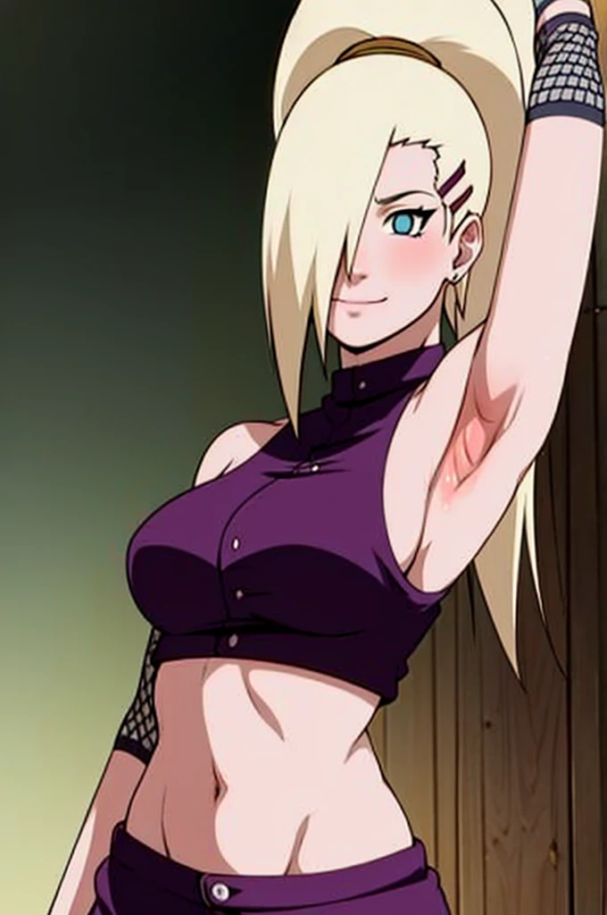 (training), Ino yamanaka, looking at the viewer, from below, ultra detailed face, sunny day, day time, upper body view, anime style, solo, detailed home, blonde, (purple clothes), ((one eye covered with hair, hair over eye)), medium breasts, belly button, looking at the viewer, thick arms, (off-shoulders, wide shoulders, curving body), hidden eye, smile, open mouth, very happy, tall, hair clip, sharp look, sharp face, sharp eye, cold colors,