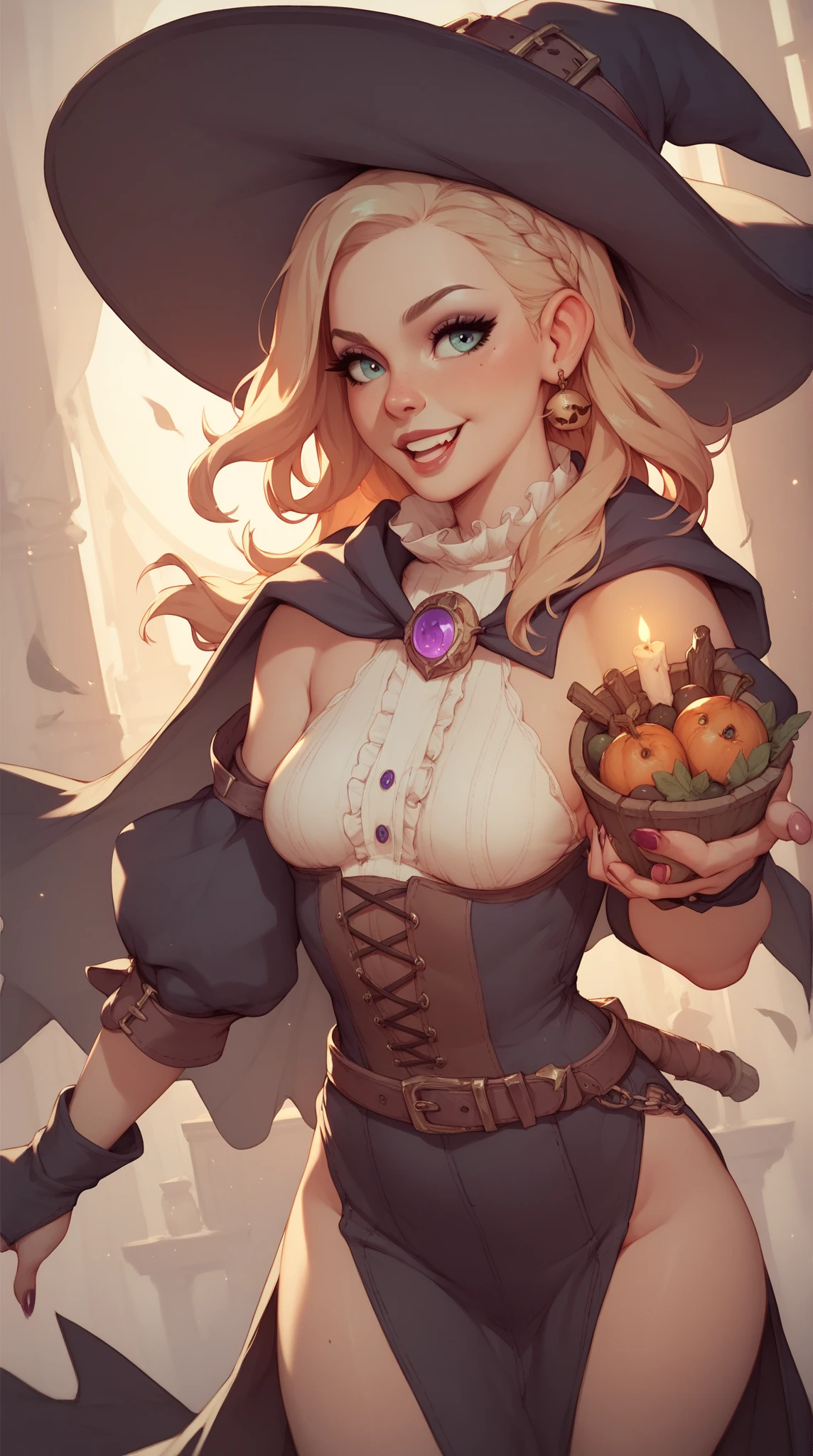 Beautiful elf holding a pumpkin lantern, giga_busty