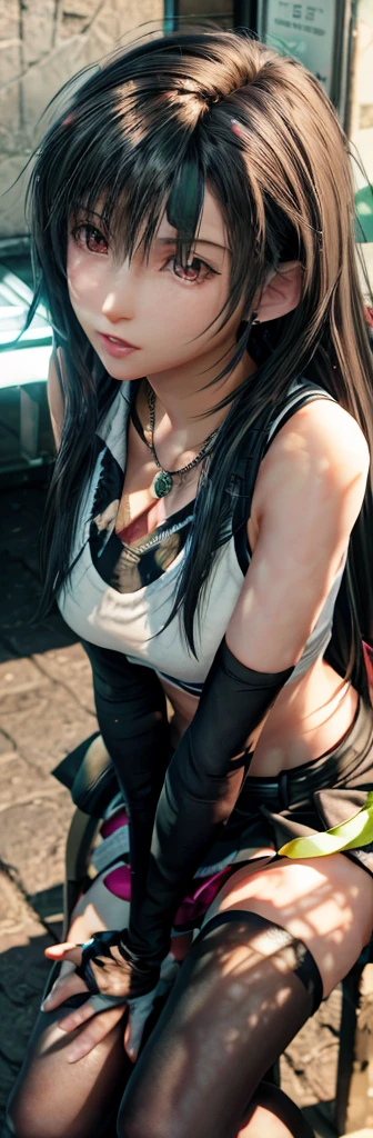 (Best quality, Ultra-detailed, Photorealistic:1.37), 3D anime style girl with green wavy curls, A girl with beautiful and delicate facial features and long eyelashes, Intense red eyes that reflect light, lusciouslips, Multi-colored crystal necklace, Black school uniform with short skirt, Clear black border thigh stockings, Perfect figure, full body shot of, Shot in ultra-wide angle anime style photography.