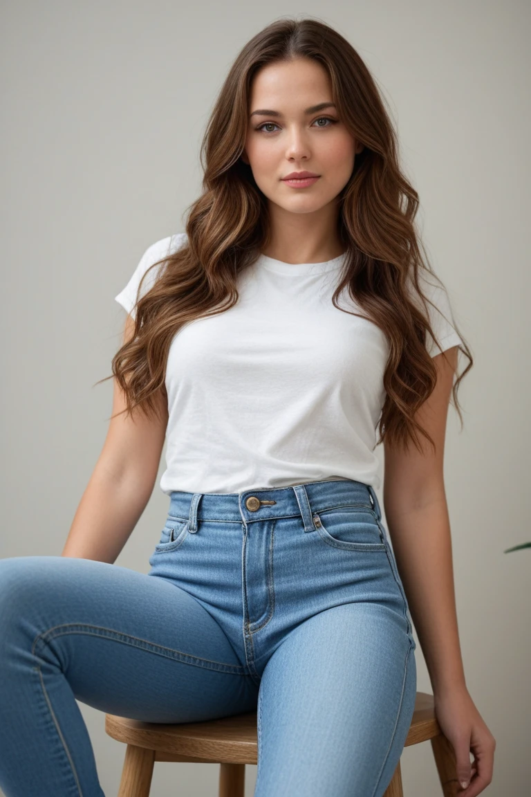 a woman, with long hair and jeans, sitting on a couch, in the style of cartoon realism, i can't believe how beautiful this is, cute and dreamy, realistic hyper-detail, warmcore --ar 73:105 --stylize 750 --v 6