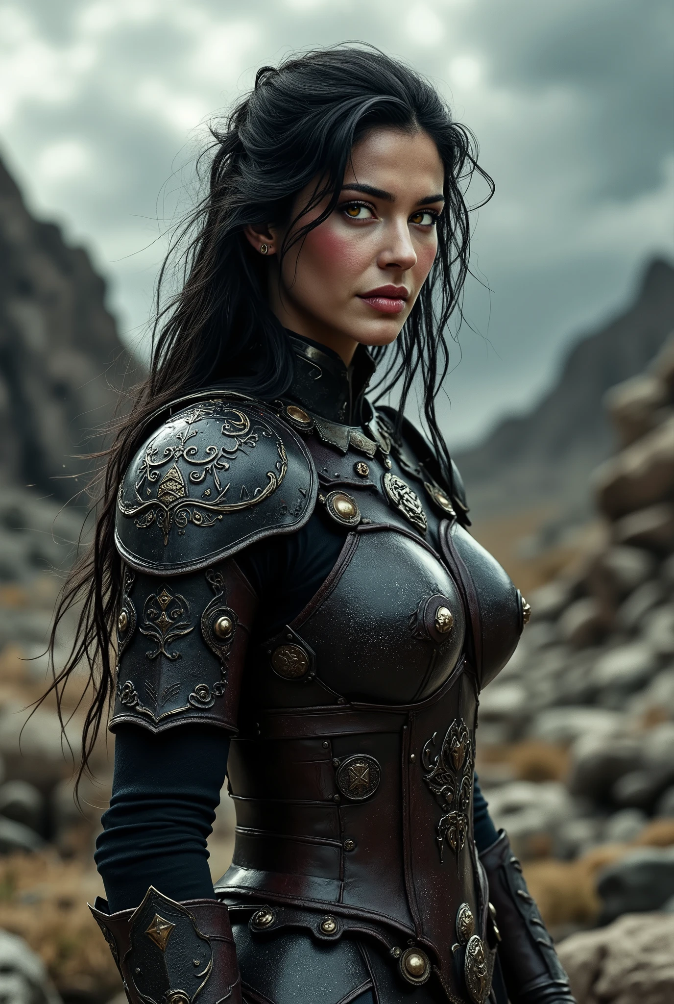 woman in armor, long black hair, brown eyes