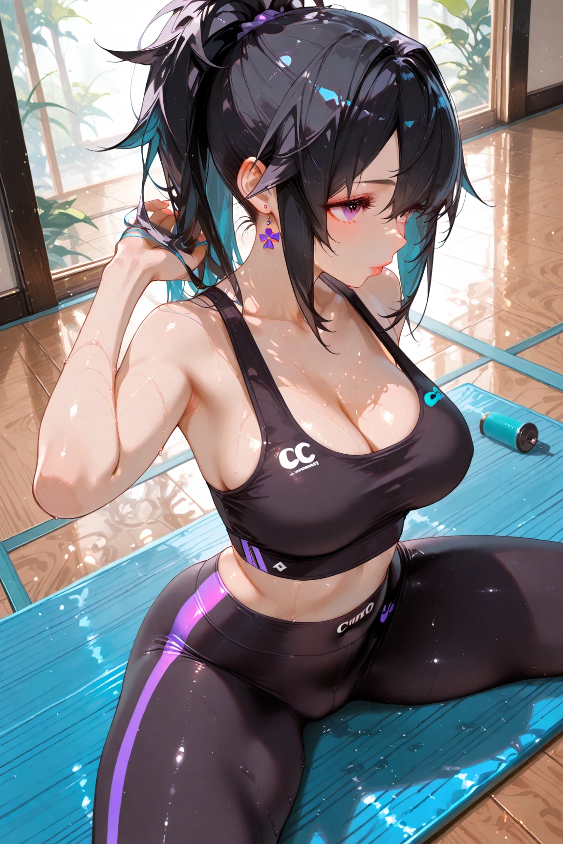 one-gir,Exercise while lying on a yoga mat,hot, big boobs, purplee clothes,ponytail,Sweated a lot, masive boobs push ups, sweat, steaming body, see thru sfw, tan, black hair, in pain, teeth clenching, clenching teeth, yoga pants, low angle, push-ups, in garden, purple clothing, sport bra, cleavage, curvy woman, wide hips