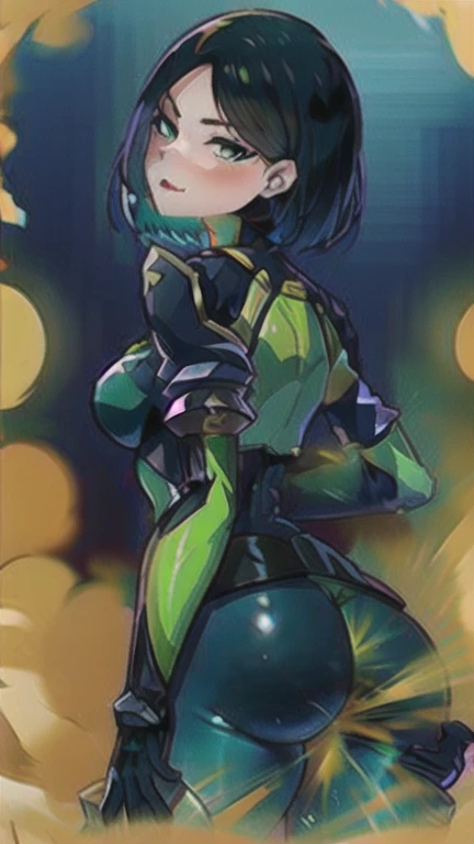 ((velocity)),Attacked by farts, (((Viper from Valorant farting))),(hot girl farting),velocity,)),(her butt facing screen and bending over)),(blackhair),(Best Shadows)、(The best lighting、extremely delicate and beautiful)、depth of fields、1girl in、solo、upward looking gaze、Highest image quality, outstanding details, ultra-high resolution, (realism: 1.4), the best illustration, favor details, highly condensed 1girl, with a delicate and beautiful face, dressed in a latex black and green mecha, the background is a high-tech lighting scene of the future city.